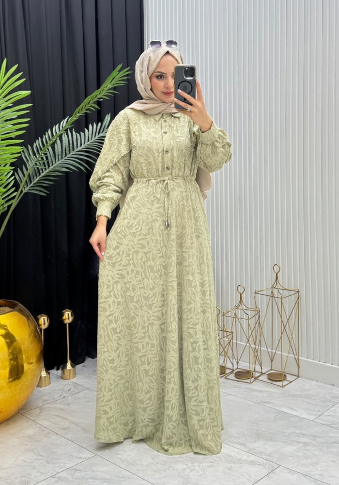 Makaron Tesettür Elbise  Yeşil Yeşil