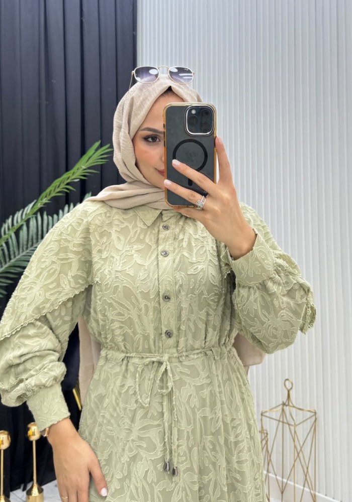 Makaron Tesettür Elbise  Yeşil Yeşil