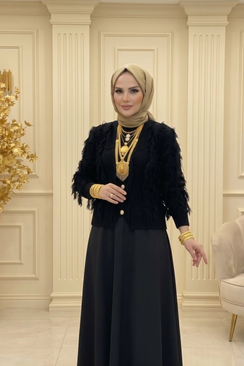 Saçaklı Hırka Siyah Siyah