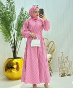 Çizgili Tesettür Elbise  Pembe