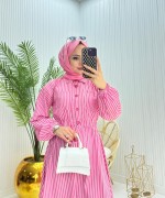 Çizgili Tesettür Elbise  Pembe