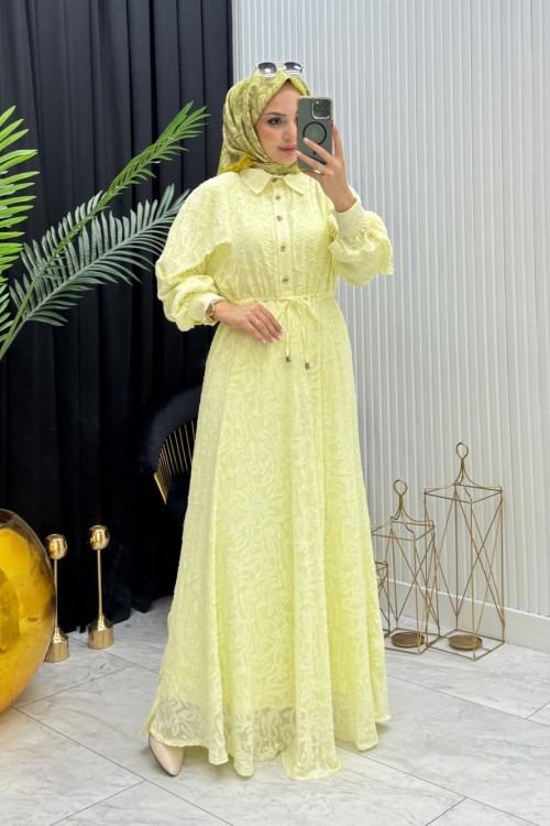 Makaron Tesettür Elbise Sarı
