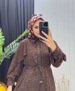 Makaron Tesettür Elbise Kahverengi