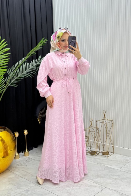 Makaron Tesettür Elbise  Pembe