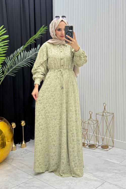 Makaron Tesettür Elbise  Yeşil Yeşil