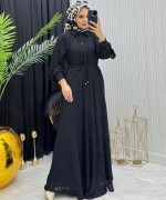 Makaron Tesettür Elbise Siyah Siyah
