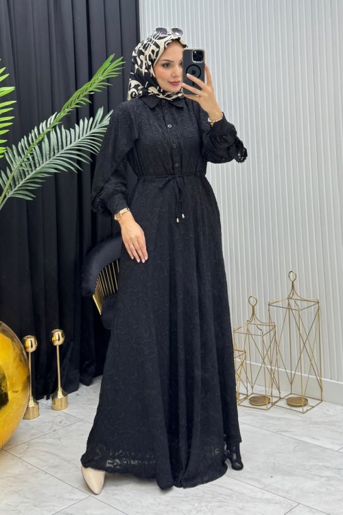 Makaron Tesettür Elbise Siyah