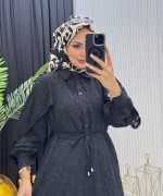 Makaron Tesettür Elbise Siyah Siyah